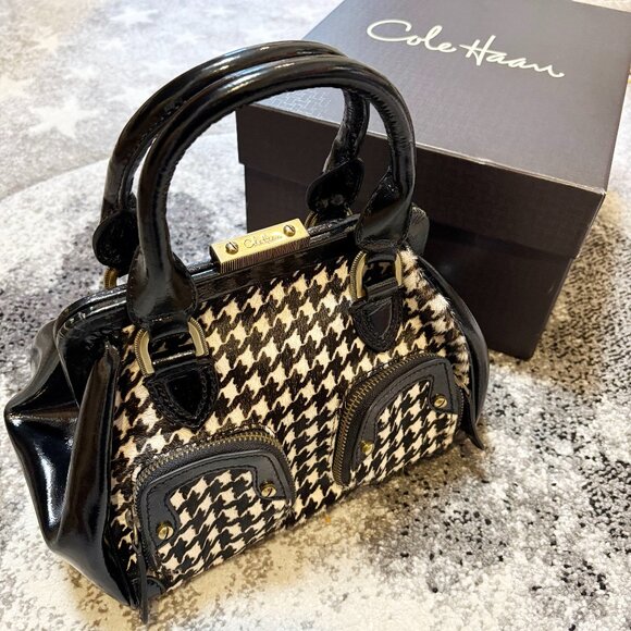 Cole Haan Handbags - NIB Vintage Cole Haan B+W Houndstooth Calf Hair + Patent Leather Mini Satchel